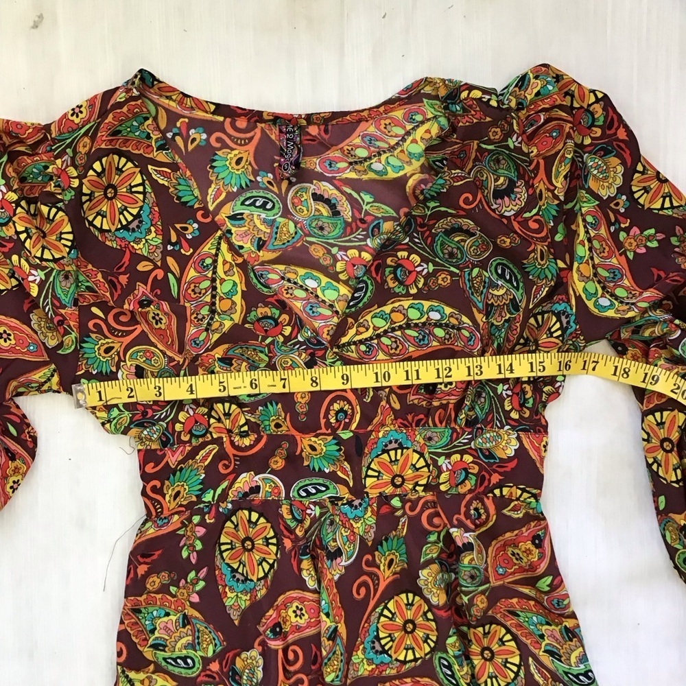 ME 2 MAGIC WOMEN FALL COLORFUL PAISLEY RUFFLE V-NECK LONG SLEEVE MAXI DRESS SZ S - Picture 6 of 10